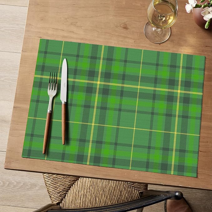 Artoid Mode Green Striped Check St. Patricks Day Vinyl Placemats Set of 4, Heat Resistant Non-Slip Woven Plastic PVC Place Mats for Party Kitchen Dining Decor