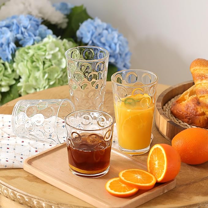 Moretoes Circle Drinking Glasses Set of 12,Clear Water Glass Cups | Mixed Glassware Set,16 Oz Highball Tumblers &12 Oz Rock Whiskey for Cocktail, Whisky and Other Beverages