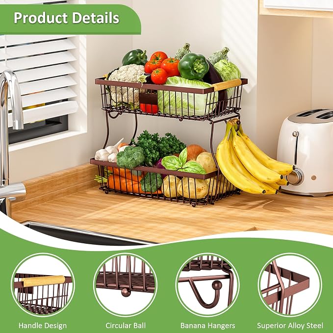 2 Tier Fruit Basket for Kitchen Counter with 2 Banana Hangers, Countertop Metal Bread Basket with Wooden Handle, Large Storage Stand for Vegetables, Snacks, Eggs, Produce Storage – Brown