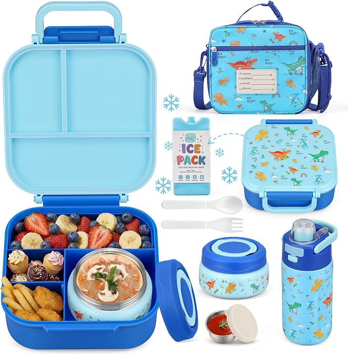 Bento Lunch Box for Kids with 7oz Soup Thermo,Insulated Stainless Steel Kids Water Bottle with Straw and Insulated Lunch Bag,Leak-Proof Lunch Food Container with Ice Pack for School(Blue-Dinosaur)