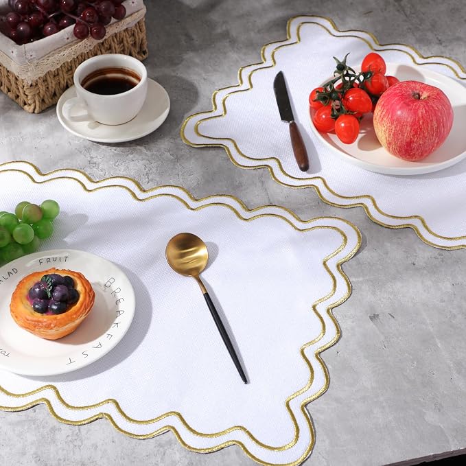 HunnmingRe White with Gold Set of 6 Cotton Linen Wedding Placemats, 13x19 Inch Scalloped Wavy Embroidery Placemat Double Layered Washable Rustic Rectangle Dinner Table Mat for Home Decor