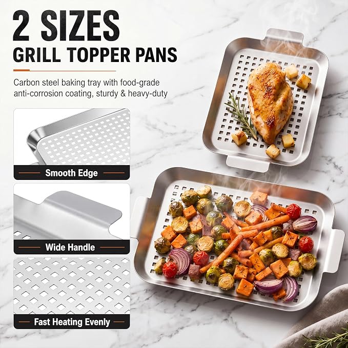 4 Pack Grilling Accessories Outdoor Grill Topper Vegetables Grill Baskets for BBQ, Grilling Pans Trays Griller Baskets with Holes and Handles, Carbon Steel
