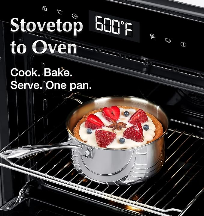 KOCH SYSTEME CS Triply Stainless Steel Saucepan, 3 Quart Stainless Steel Pot with lid, Large Cooking Pot, 3QT Sauce Pan with Stay Cool Handle, Induction Compatible Pot, Oven Safe 600°F