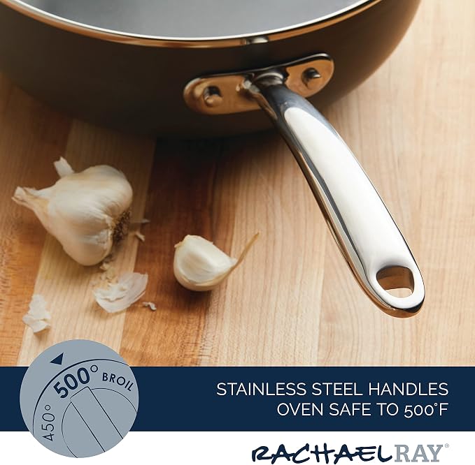 Rachael Ray Professional Hard Anodized Nonstick Sauce Pan/Saucepan/Saucier with Helper Handle and Lid, 4 Quart - Gray