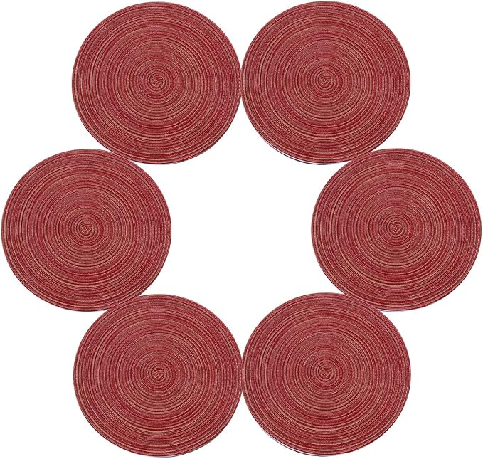 Topotdor 14 Inch Round Placemats Heat-Resistant Stain Resistant Anti-Skid Washable Polyproplene Table Mats Placemats (Burgundy Multi Color, Set of 6)