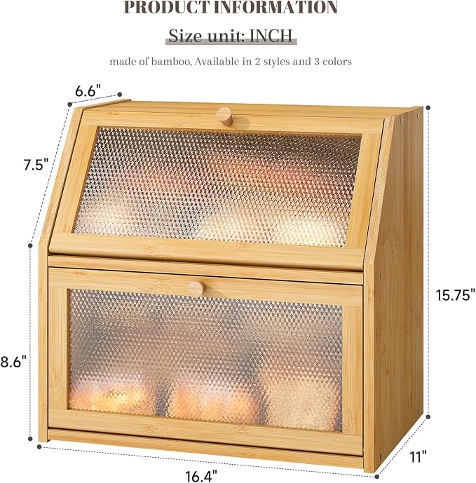 STDDRE Bread Box for Kitchen Countertop Bin Double Layer Bread Box Storage Container Extra Large Capacity with Diamond Pattern Windows (Natural, Extra Large)