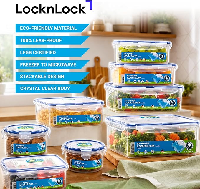 LOCK & LOCK Easy Essentials Food Storage lids/Airtight containers, BPA Free, Rectangle-88 oz-for Rice, Clear