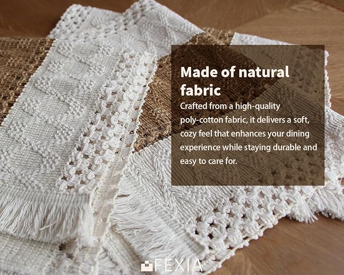 Boho Placemats Set of 6, Macrame Table Mats Farmhouse Dining Decor | 12x20" Woven Burlap Place Mat with Tassel for Kitchen and Dining Table Centerpiece Home Decorations Rustic Boho Kitchen Decor