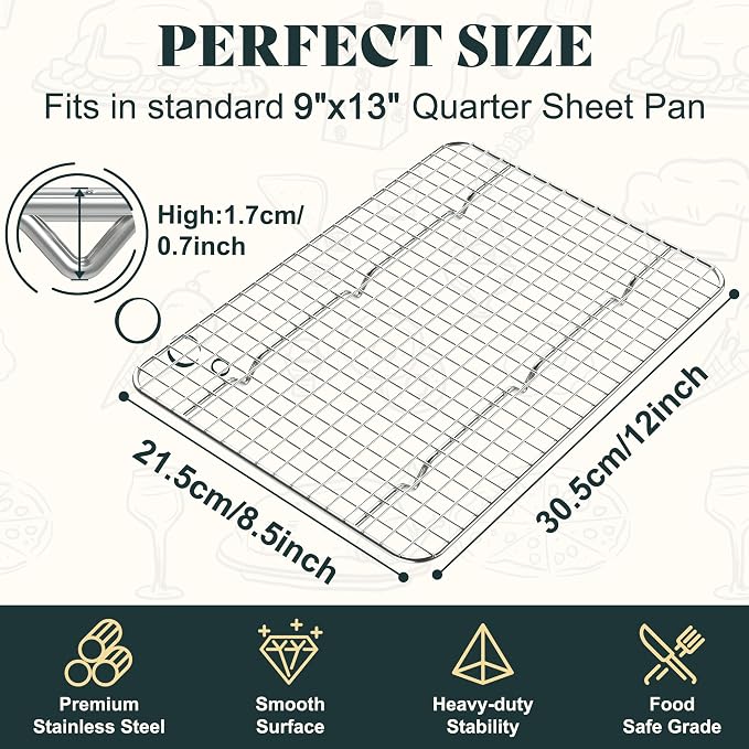 Cooling Racks for Cooking and Baking - 8.5"x12" Oven Safe Premium Stainless Steel Heavy Duty Baking Rack Tight-Wire, Fits Quarter Sheet Pan for Roasting & Grilling & Cooking - 1 Pack