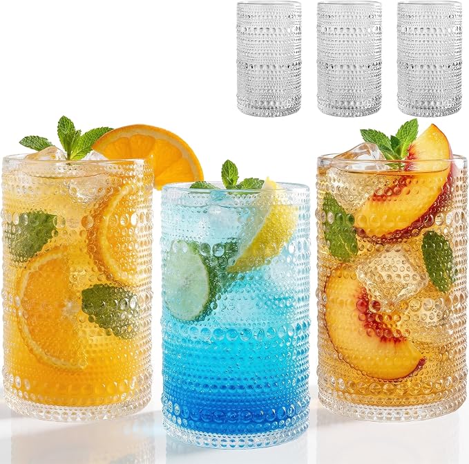 12 oz Hobnail Drinking Glasses, 6 Pack | Vintage Embossed Glass Tumbler Beverage Set for Juice, Beer, Cocktail, Whiskey