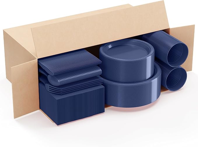 350 Pcs Navy Plastic Plates For Party, Navy Disposable Plates Set, 50 Of Each 9" Dinner Plate Set, 7" Dessert Plate, Cups, Napkins & Cutlery Plastic Dinnerware Set Exquisite