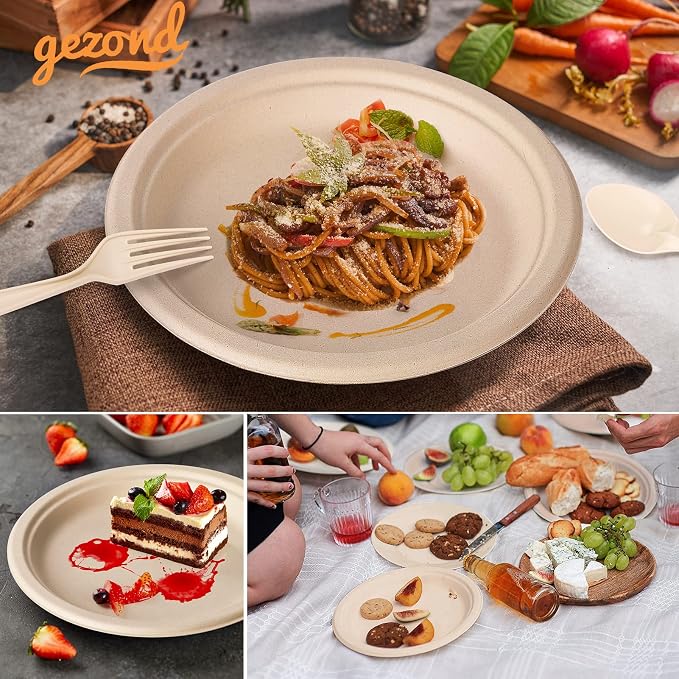 250Pcs Disposable Paper Plates Compostable Plates and Utensils | Eco Friendly Dinnerware Kit Includes 50 Biodegradable Plates, Forks, Knives and Spoons for Brithday Party Camping Picnic