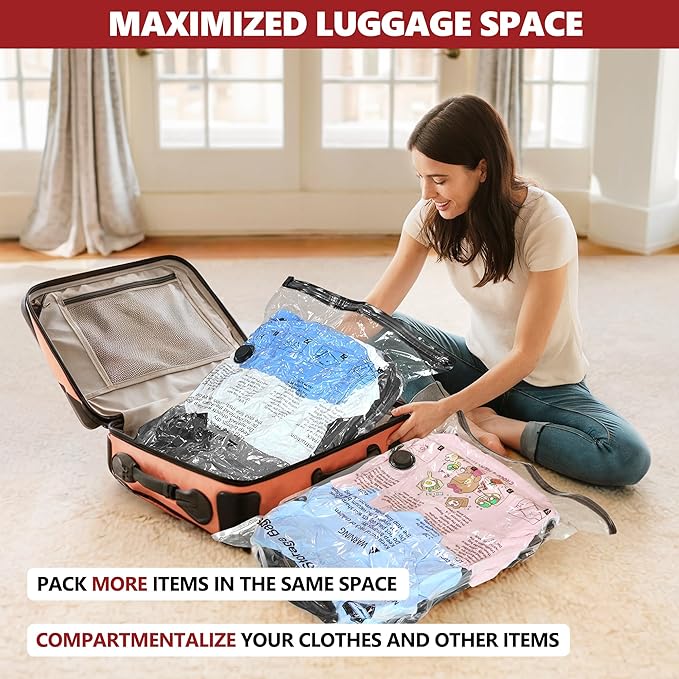 Vacuum Seal Bags for Clothing Travel and Home Storage, Travel Vacuum Bags with Electric Pump, Space Saver Compression Packing Cubes for Luggage Suitcase Bedding Blankets Clothes, 10 Large