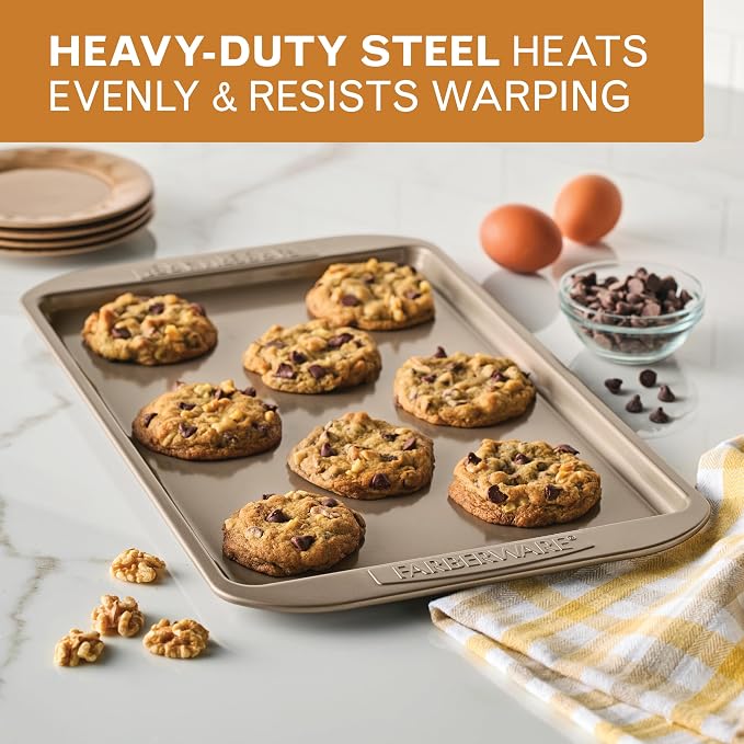 Farberware Nonstick Bakeware 10 x 15" Cookie Pan, Metal Baking Pan, Mocha | Premium Nonstick 10x15 Baking Sheet & Sheet Pan For Cookies, Roasting, Easy Cleanup, Oven Safe to 450F