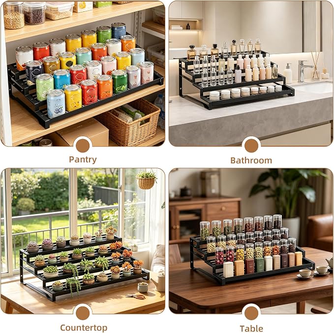 Expandable Spice Rack Organizer for Cabinet 4 Tier Spicy Shelf Black 1Pack | Adjustable Length 13"-21", Easy to See Labels, Sturdy Metal, Slip-Resistant Guardrails for Jars, Cabinet & Countertop Storage