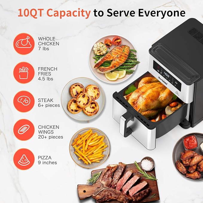 Air Fryer, 10 Quart Large Air Fryer with 6 Cooking Functions, 1700W | 10 Quart Capacity, 1700W Power, 6 Cooking Functions, 400°F Temp Controls in 5° Increments, Nonstick Dishwasher-Safe Parts