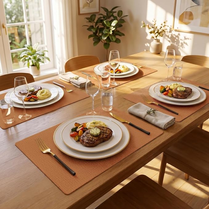 Romanstile Vinyl Placemats Set of 4-12 X 17 Inch - Faux Leather 100% Waterproof Wipeable Anti Slip Place Mats, Heat Resistant Reversible PU Table Mats for Kitchen Dining Party Outdoor, Orange