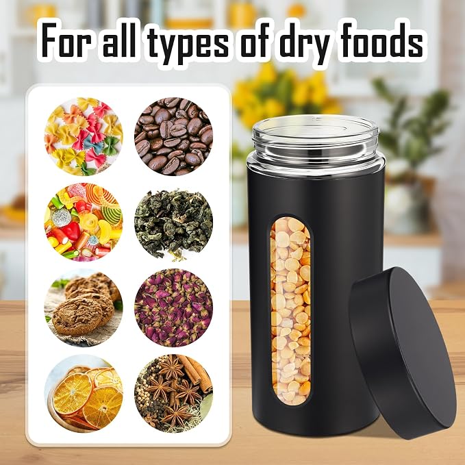 Patelai 6 Pack Kitchen Canisters Set Airtight Stainless Steel Canister Food Storage Container with Window Glass, Coffee Sugar Candy Jars Tea Organizer for Flour Cookies Spice(Black,44 oz)