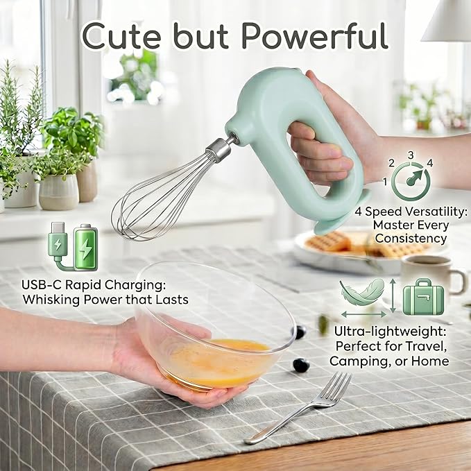 Colorful Mini Cordless Hand Mixer, Self-Standing USB Rechargeable Handheld Egg Beater with 4 Speeds & 2 Whisks, Lightweight Portable Electric Whisk for Kitchen Baking and Cooking(Green)