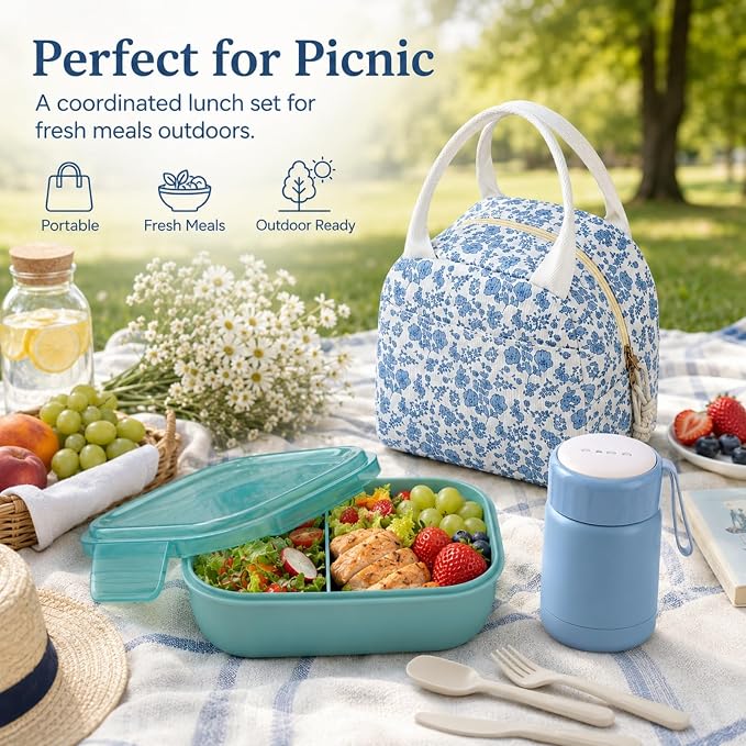 Bento Lunch Box Set for Women, with 12oz Soup Thermo, with Leak-Proof Food Containers, Insulated Lunch Bag for Girls for Travel Picnic