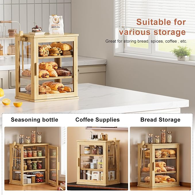 WOWLIVE Bread Box for Kitchen Countertop, 3 Layers Bread Storage Container | Large Bamboo Bread Bin for Homemade Bread with Window, Farmhouse Breadbox Organizer for Kitchen, Cabinet, Natural, Meduim