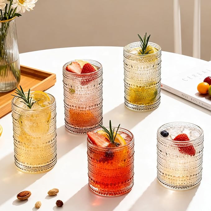 Vintage Hobnail Drinking Glasses Set of 12, 12 Oz Highball Glasses and 10 Oz Cocktail Glasses, Kitchen Glassware Set, Clear Drinking Glass Cups for Cocktail, Whiskey, Beer, Juice, Water, Milk