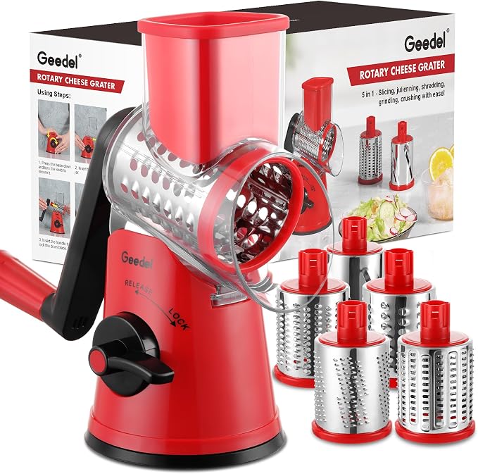 Geedel Rotary Cheese Grater Hand Crank, Cheese Shredder Vegetable Slicer | 5 Blades, 430 Stainless Steel, 12x Fast Cutting, Strong Suction Base, No BPA, Dishwasher Safe, for Cheese, Veggie, Nut