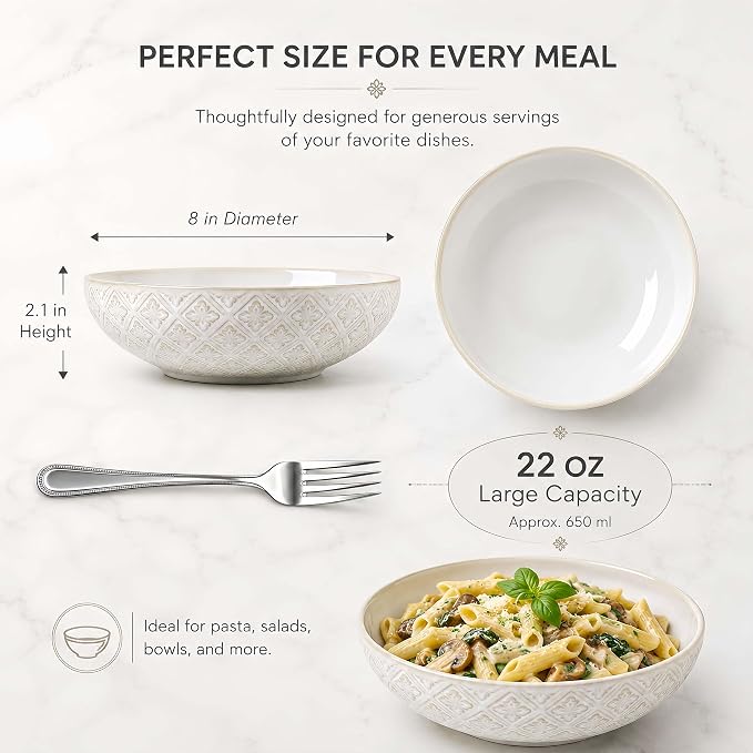 22 Oz Pasta Bowls Set of 4, Ceramic Soup Bowls, 8 inch Large Serving Bowl, Porcelain Kitchen Embossed Dish for Salad, Fruit, Rice, Desserts, Housewarming Wedding Gifts, Dishwasher Safe