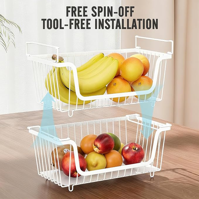 6 Pcs Stackable Wire Baskets for Pantry Organizers and Storage, | Vegetable Fruit Basket for Countertop,Kitchen Storage Metal Baskets,Produce Potato Onion Storage Bin,White