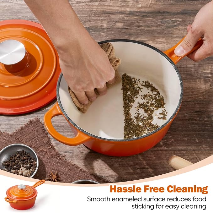 Homikit 1 QT & 2 QT Saucepan Set, Enameled Cast Iron Saucepan with Lid for All Cooktops, Small Pot Mini Dutch Oven for Kitchen Cooking, Boiling, Nonstick & Heavy Duty, Flame Orange