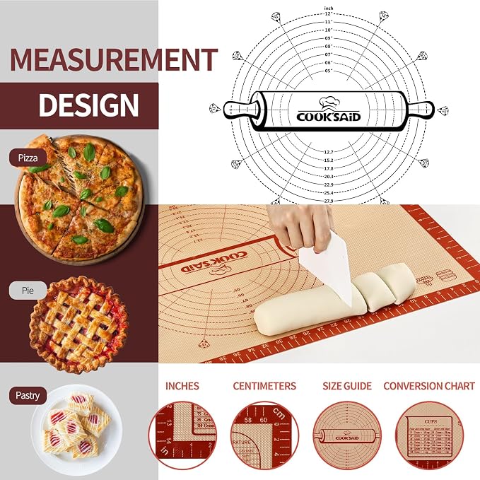 Cook's Aid Silicone Pastry Mat Extra Large with Measurements 26''x16'' for Reusable,Non-slip Silicone Baking Mat, Counter, Dough Rolling, Oven Liner,Fondant/Pie Crust, Red