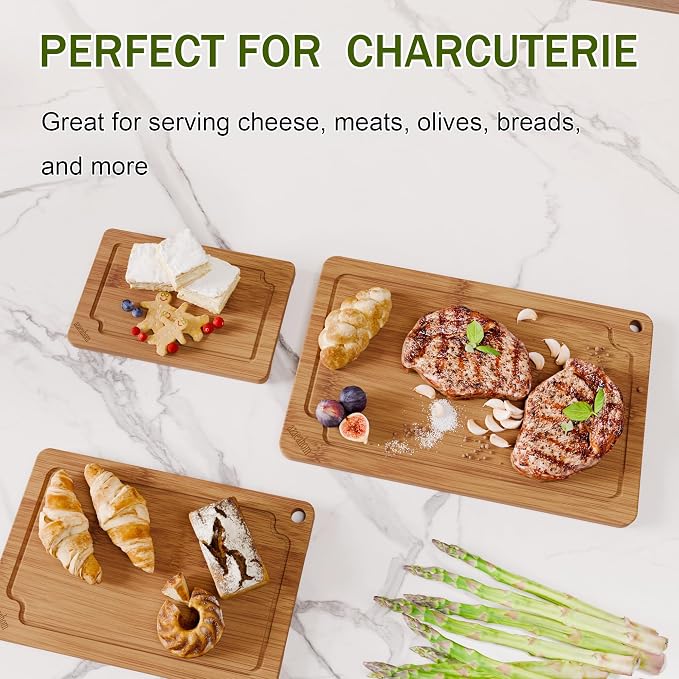 3-Piece Bamboo Cutting Board Set Serving Tray Juice GroovesHandles | Ideal for Meat Vegetables Fruit,Easy Storage & Quick Clean,Natural Wood Construction,Dual-Purpose as Serving Tray
