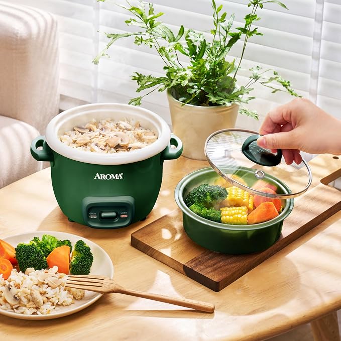 AROMA CoreCoat™ Mini Rice Cooker (3 Cups Cooked) with Nonstick Ceramic Pot Coating, Glass Lid, and Pop-Up Steamer Tray, 0.8 Quart