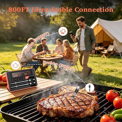 Bluetooth Wireless Meat Thermometer Digital for BBQ Oven Smoker Grill | 800FT Bluetooth Food Thermometer, Standalone Base, 2 Meat Probes, Dual Sensors, NIST Certified Accuracy