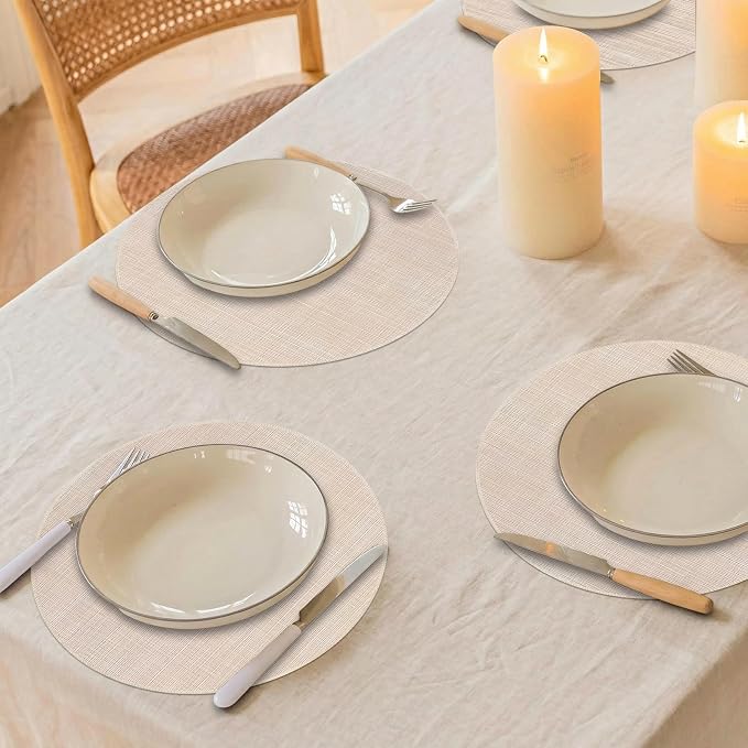 Beige Round Placemats Set of 4, 15 Inch Washable Easy to Clean Heat-Resistant Anti-Skid Beige Placemats for Holiday Party Kitchen Dining Room Decoration