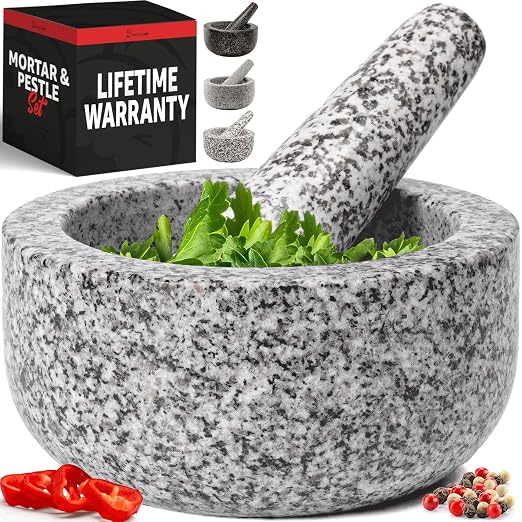 Heavy Duty Large 1.5 Cup Mortar and Pestle Set, 100% Natural Granite, 5.5 Inch Diameter Bowl, 6.2 Inch Pestle, Non-Slip Base, Stone Grinder for Guacamole Salsa Pesto Herbs Spices, White