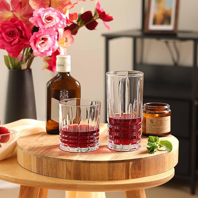Moretoes Drinking Glasses Set of 12,Mixed Drink Cocktail Glass | 6 Highball Glasses 12 Oz,6 Rocks Glasses 10 Oz Vintage Glassware Sets for Whiskey, Cocktails, Water & Juice