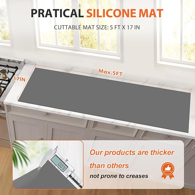 Silicone Mat Roll, Heat Resistant Kitchen Countertop Protector | 17IN X 5FT, Grey | Non-Slip Table Mat Desk Saver Pad, Multi-functional Cuttable Silicone Mats, Craft Mat
