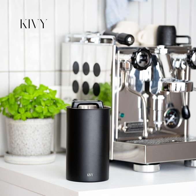 KIVY Vacuum Coffee Canister - Push Lid Preserves Coffee Aroma & Oil | Stainless Steel Airtight Coffee Canister - Container for Ground & Coffee Bean Storage - Storage Jar - Removes Excess Air