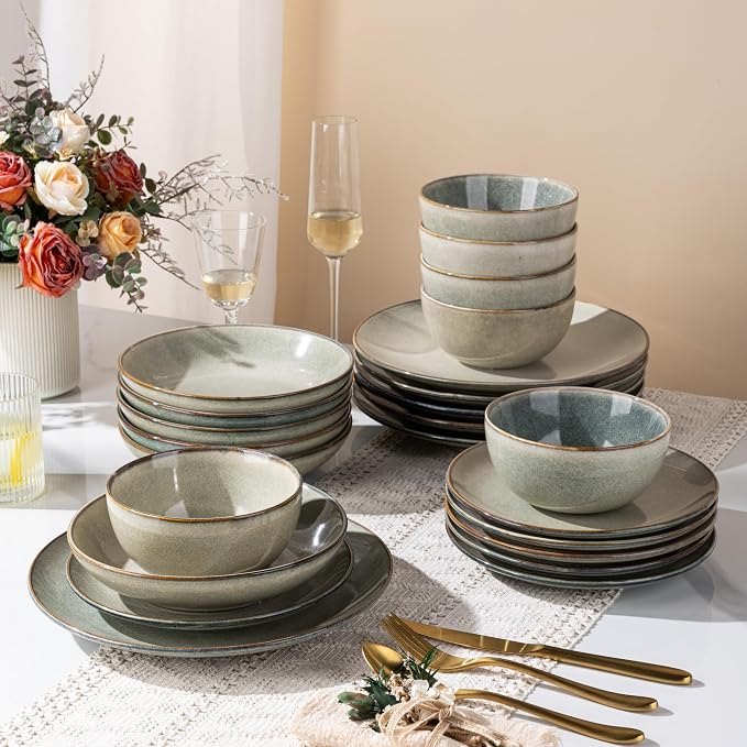 GBHOME Dinnerware Sets for 6, 24 Pieces Ceramic Plates and Bowls Set | Scratch Resistant Stoneware Dishes Set, Dishwasher & Microwave Safe, Reactive Glaze-Green Wheat