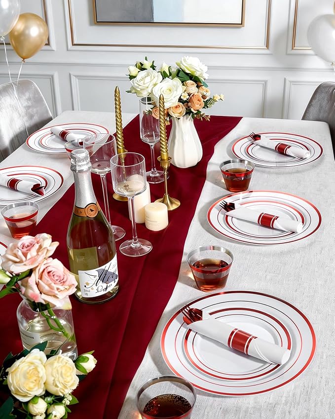350 Piece Red Plastic Dinnerware Set for 50 Guests | Disposable Dinnerware Includes: 50 Dinner Plates, 50 Dessert Plates, 50 Pre Rolled Napkins with Silverware, 50 Cups