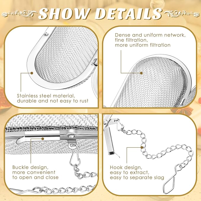 3 Pcs Large Tea Ball Infusers, Loose Leaf Tea Strainers | 4.25 x 1.75 in, 304 Stainless Steel, Mesh Oval Filters, Reusable Tea Steeper, for Kitchen Home Office, Spice Bags for Cooking
