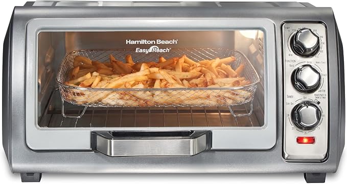 Hamilton Beach Easy Reach 6 Slice Countertop Air Fryer Toaster Oven Combo | Roll-Top Door For Easy Access | Bake, Broil & Toast Functions | 150 to 450ºF Adjustable Temp | Auto Shutoff | Stainless Steel