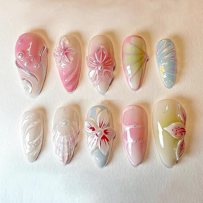 30Pcs Summer Flower Press On Nails Medium Almond Fake Nails with Pearl Design Blue Pink Cute Nails Glossy Full Cover Acrylic False Nails Reusable Summer Beach Stick On Nail for Women Vacation Nail Art