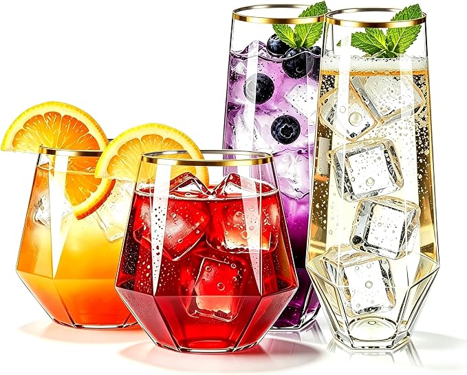 Lueumxc 56 Pack Plastic Wine Glasses Disposable Diamond Champagne Flutes, 32 Pcs 9 OZ Stemless Champagne Flutes & 24 Pcs 12 OZ Disposable Wine Glasses, BPA-Free