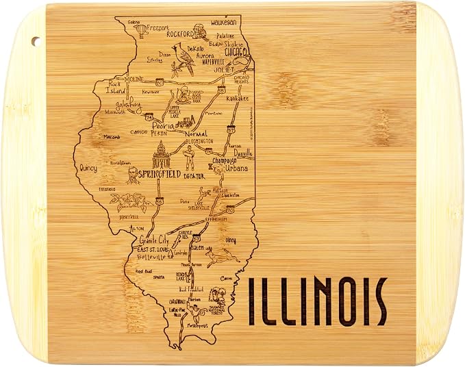 Totally Bamboo A Slice of Life Illinois Engraved Map Cutting Board | 11” x 8.75” charcuterie board with engraved state map artwork. Smooth reverse side for food prep. Hang tie for wall display.