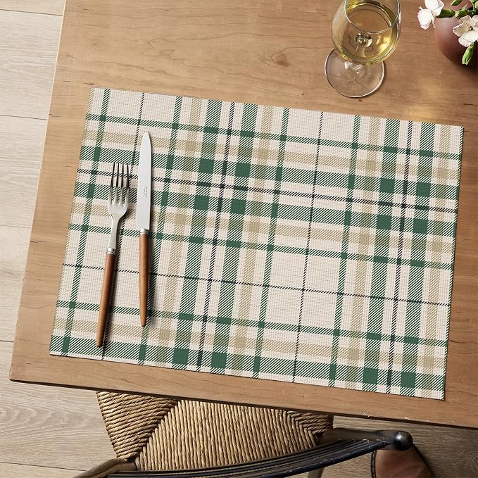 Artoid Mode Stripe Plaid Vinyl Placemats Set of 4, 12x18 Inch Washable Non-Slip Heat Resistant Plastic Place Mats for Party Dining Table, Olive Green