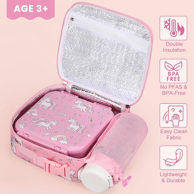 Kids Lunch Box Set with Bento Box, 9oz Stainless Steel Thermo & Insulated Lunch Bag – Hot & Cold Leakproof Lunch Container with Utensils for School & Travel