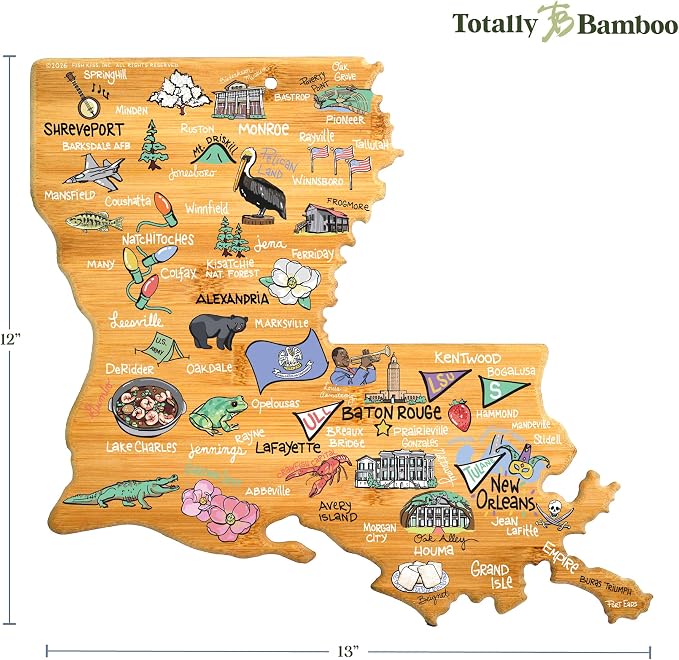 Totally Bamboo Louisiana State Shaped Cutting Board, Art by Fish Kiss | State charcuterie board with colorful hand-drawn map artwork. Smooth reverse side for food prep. Hang tie for wall display.