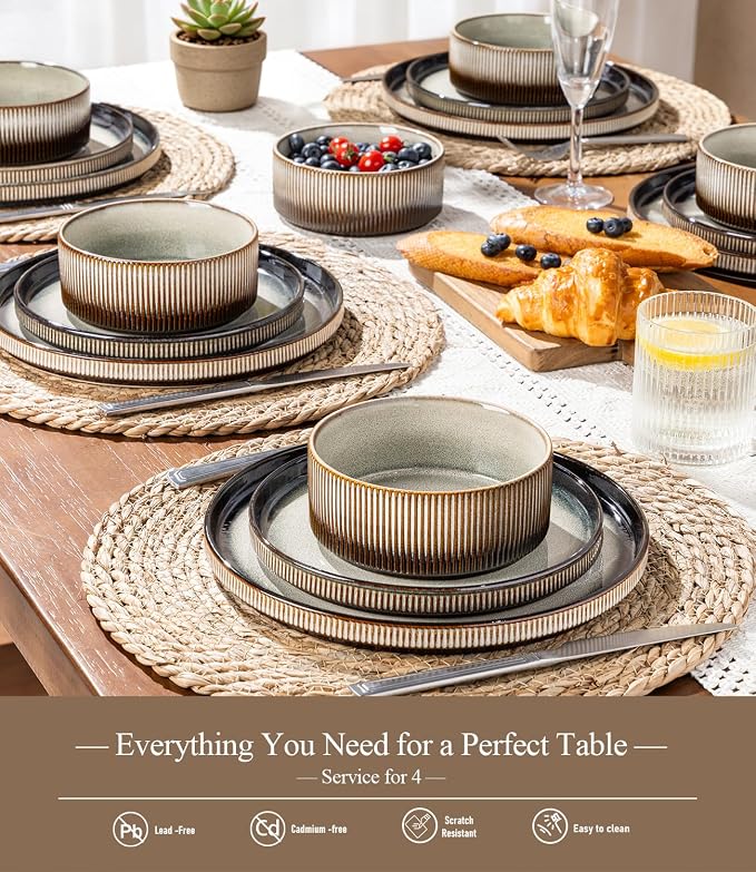 GBHOME Stoneware Dinnerware Sets for 4, 12-Piece Plates and Bowls Set | Handmade Reactive Glaze Ceramic Dish Set, Scratch Resistant, Dishwasher&Microwave Safe,Mocha & Sage